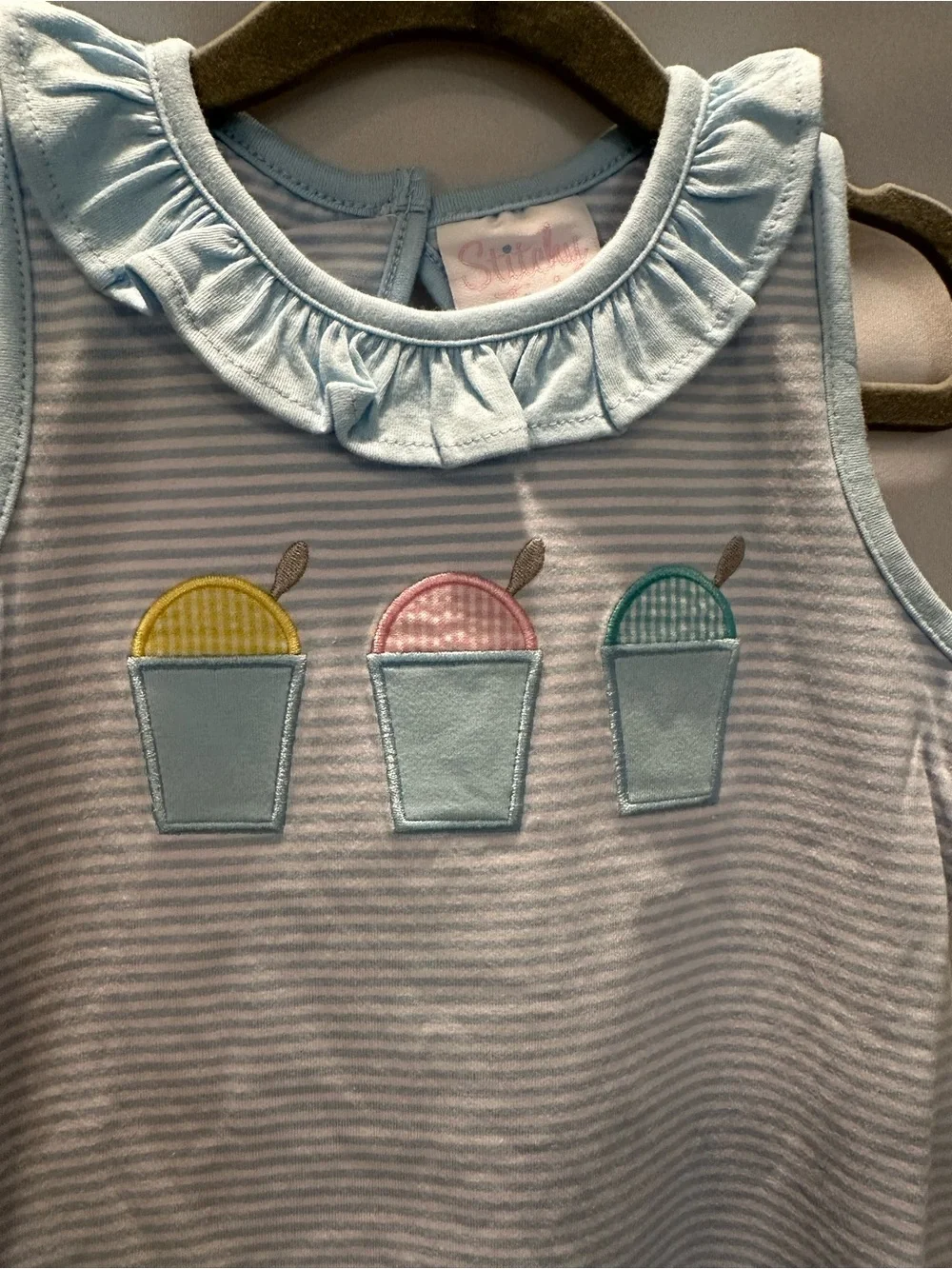 Infant Blue Striped Sleeveless Ruffle Collar Romper with Matching Bow